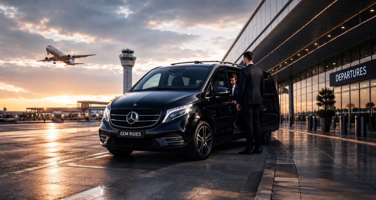 Gem Rides chauffeur with a Mercedes V-Class at a London airport